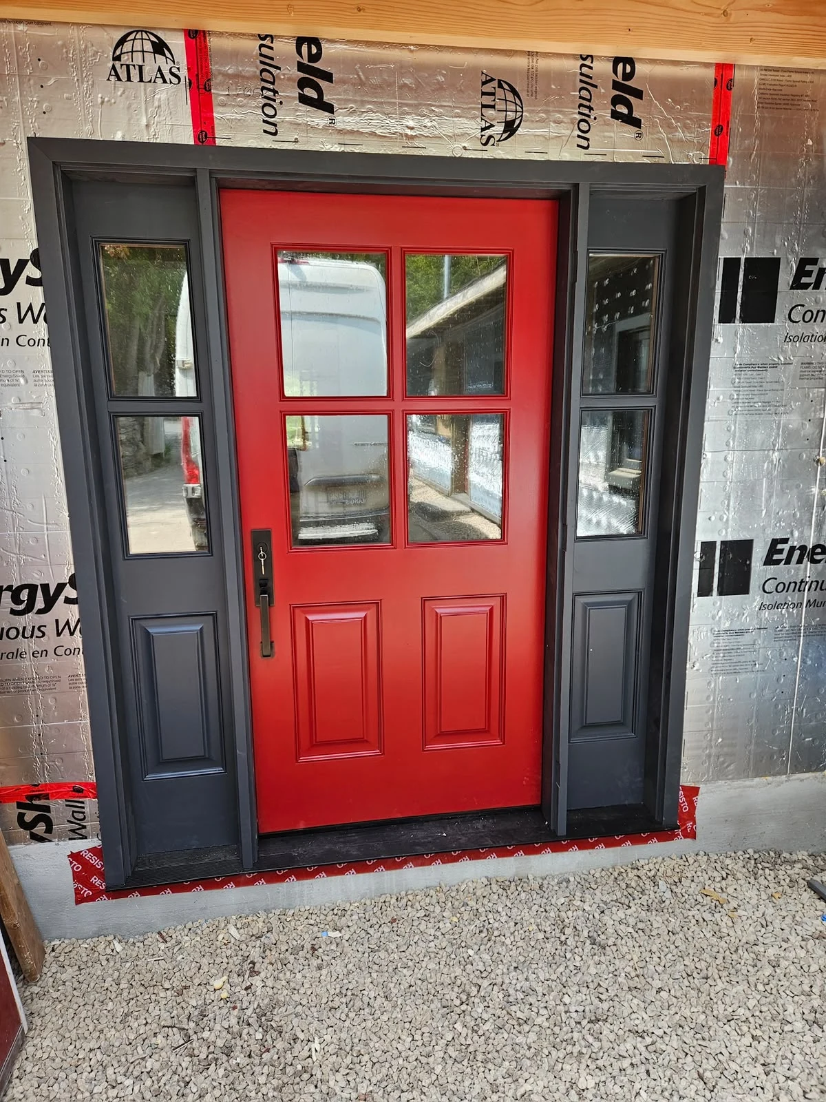 Red entry with charcoal sidelights